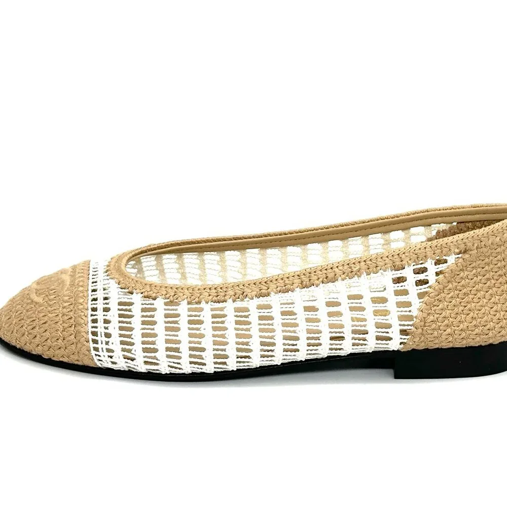 CHANEL REV CC Raffia Crochet Woven Two Tone Cap Toe Ballerina Ballet Flats - Picture 3 of 13